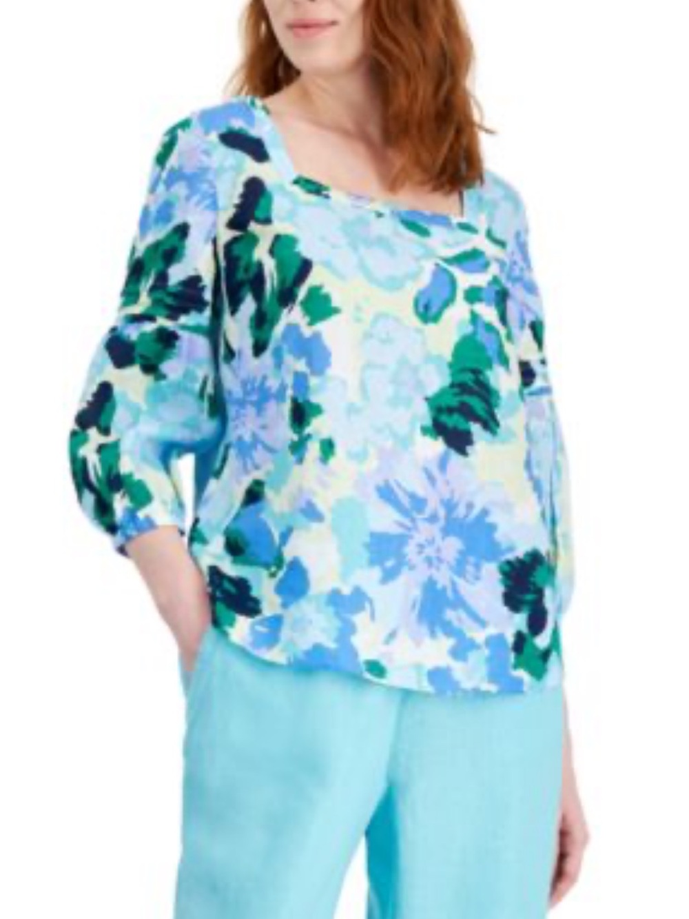 Charter Club linen relaxed fit Floral Square-Neck Top in Aqua and Teal M